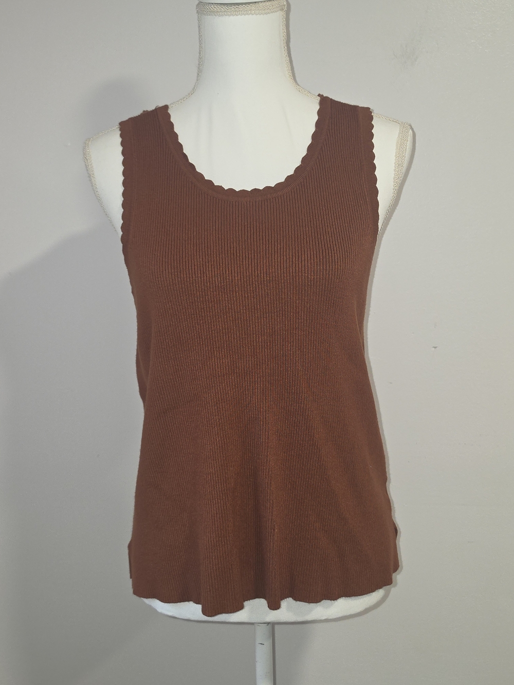 Marled Chocolate Brown Ribbed Scallop-Edge Stretchy Tank Top Women's Size XL